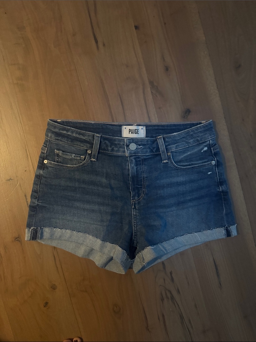 PAIGE Dark Blue Roll-Cuff Denim Shorts